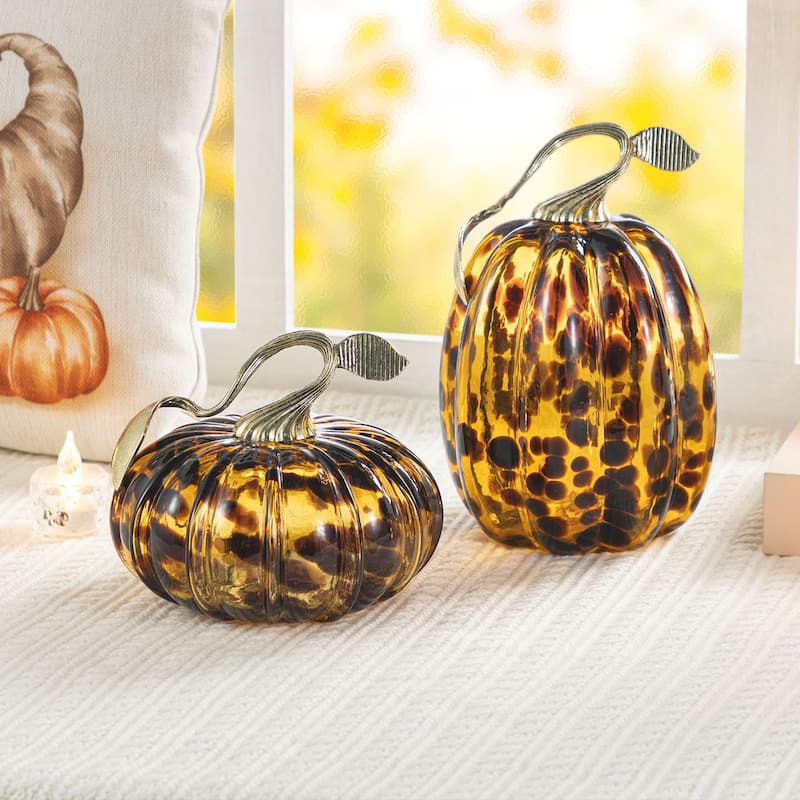 Glitzhome Gold Handle Amber Dots Glass Pumpkin for Fall Thanksgiving Decorating