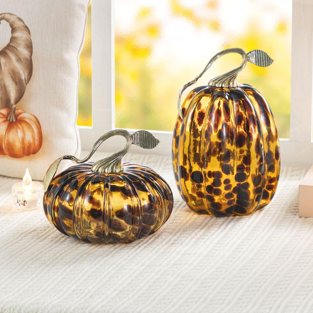 Glitzhome Gold Handle Amber Dots Glass Pumpkin for Fall Halloween Thanksgiving Decorating