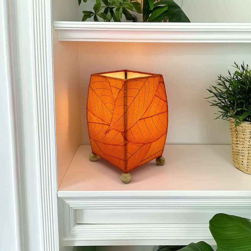 Handmade Mini Square Cocoa Leaf Table Lamp, Cocoa Leaves Shade, 6 x 6 x 9 in. - Orange