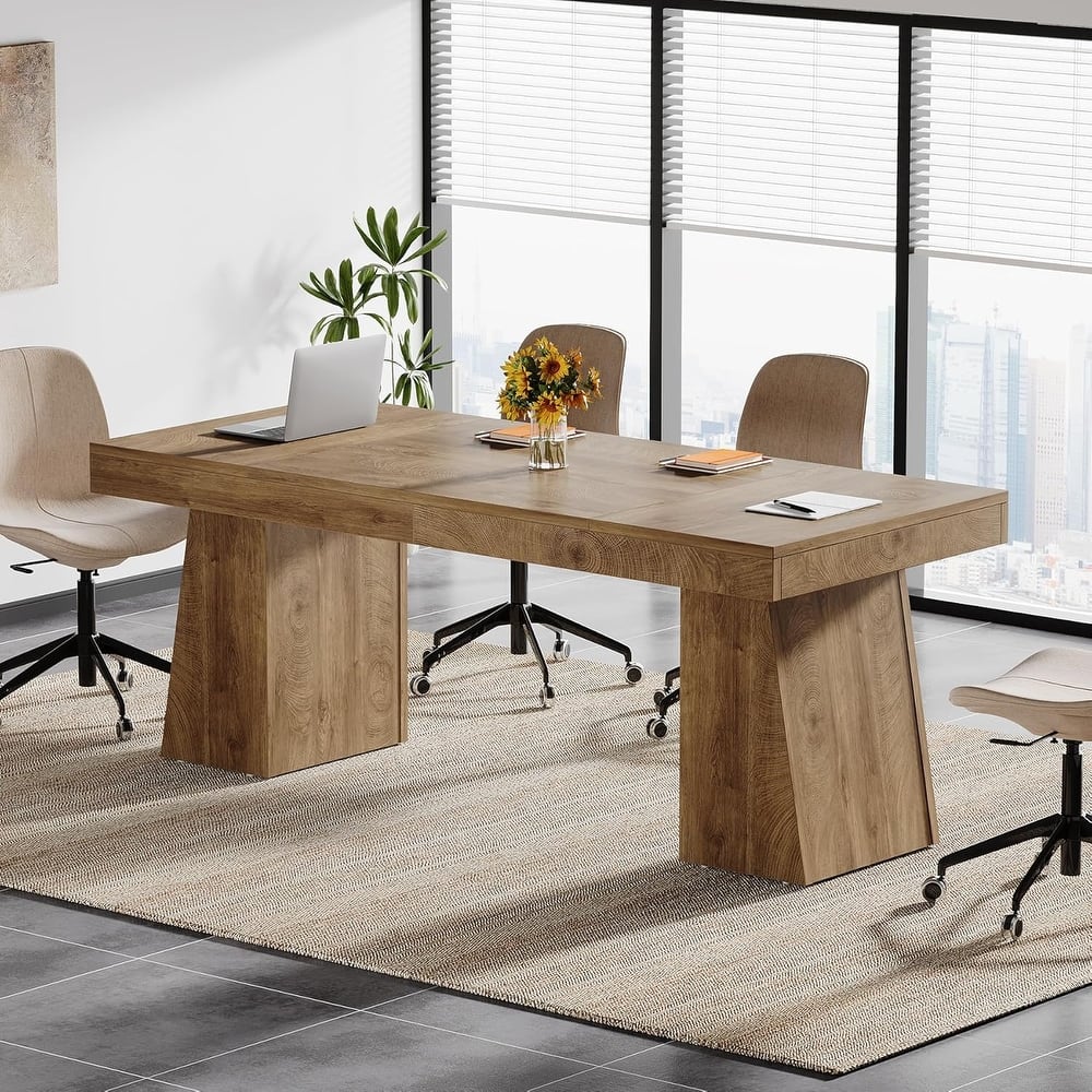 Conference Table, Modern Meeting Table with Thick Tabletop and Trapezoidal Legs