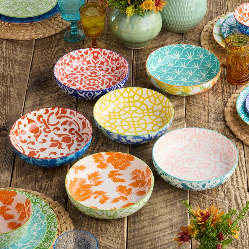 Certified International Pavillion 48 oz. Soup/Cereal Bowls, Set of 6 Assorted Designs - 8.50"L x 8.50"W x 2.00"H