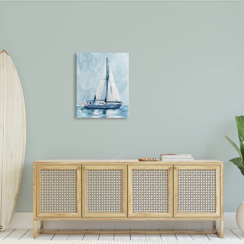 Stupell Nautical Blue Sailboat Tranquil Coastal Water Watercolor Painting Canvas Wall Art - White