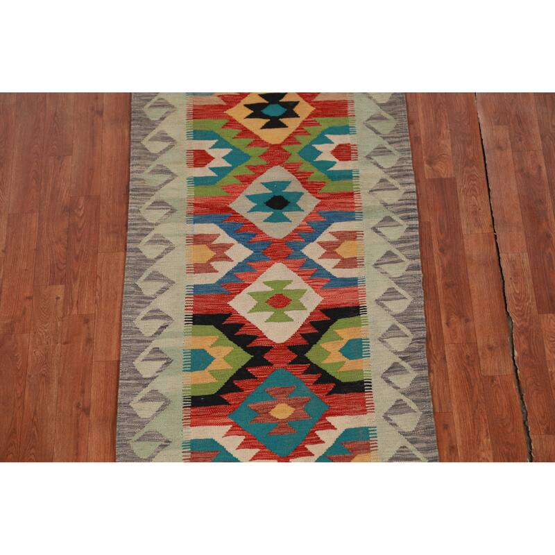 Hand Woven Oriental 100% Wool Carpet Southwestern All-Over Multi-Colored Kilim Runner Rug - 12' 10'' X 2' 7''