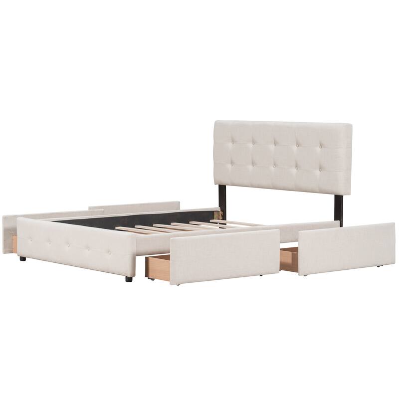 Queen Size Upholstered Platform Bed with Headboard and 4 Drawers, Linen Fabric, No Box Spring Needed