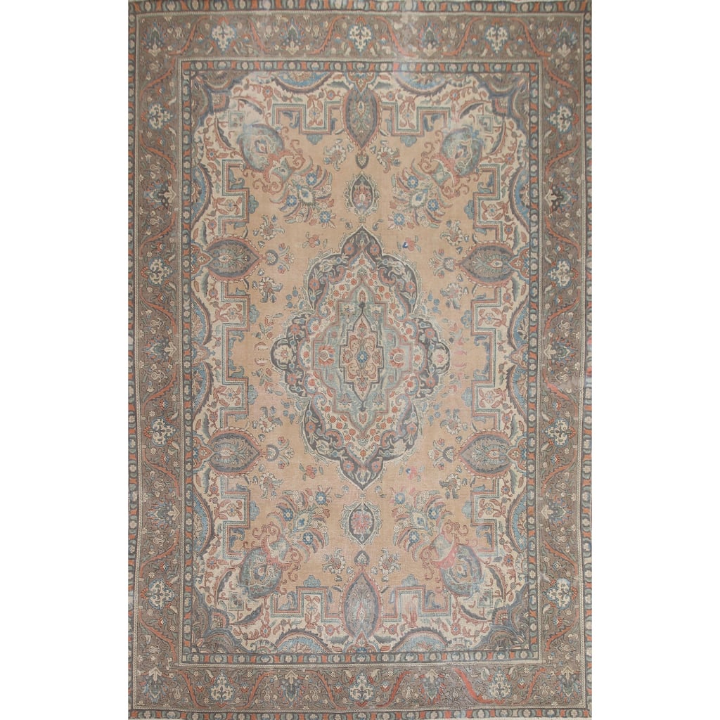 Hand Knotted Oriental 100% Wool Carpet Traditional Medallion Peach Tabriz Area Rug - 12' 8'' X 9' 8''