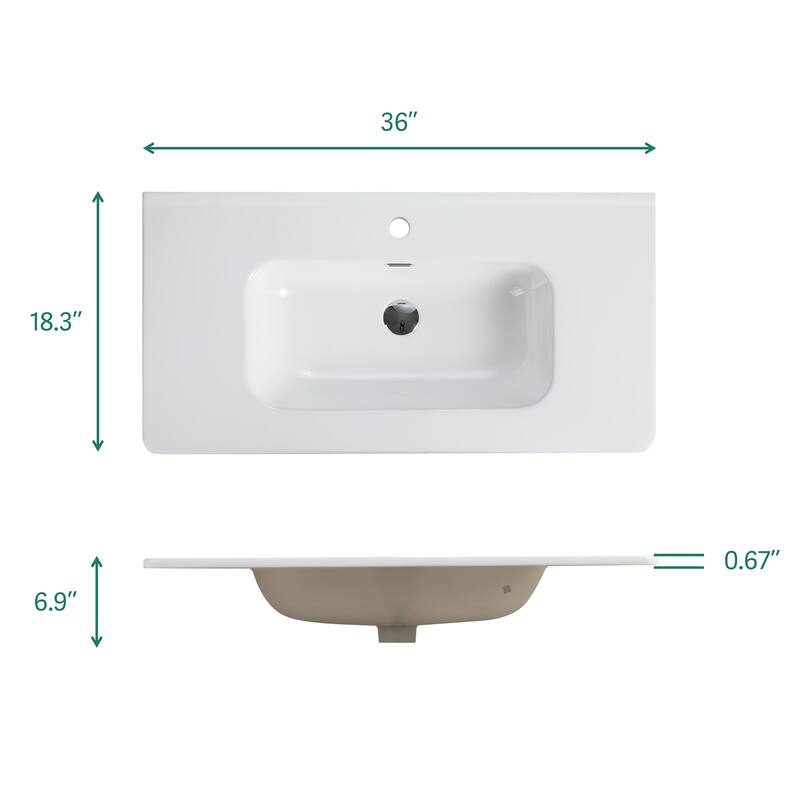 GDFStudio - Integrated Ceramic Basin for Bathroom Vanity, One-Piece Glossy Sink, Pre-Drilled without Drain Assembly
