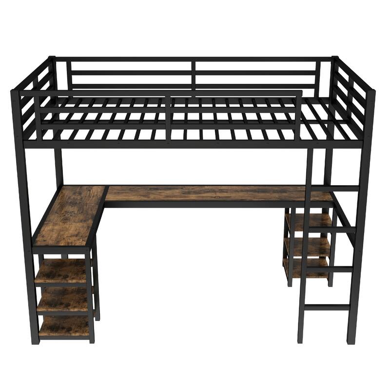 Roomfitters Twin XL Metal Loft Bed with L-Shaped Desk and Shelves, High Sleeper Workstation, Black