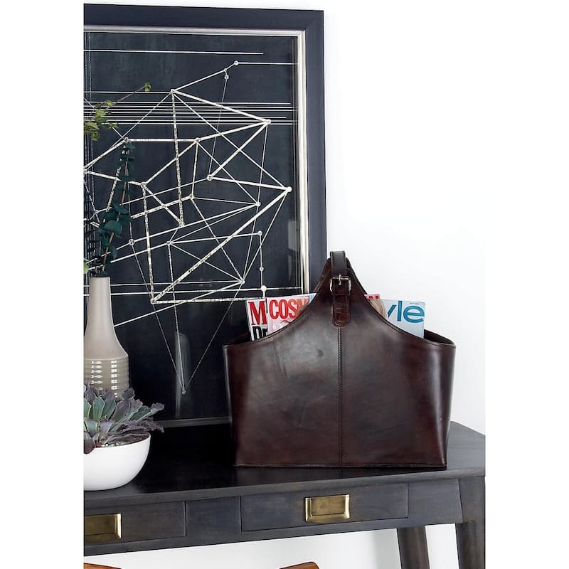 Brown, Dark Brown, Gray or Black Leather Handmade Box Style Single Slot Decorative Magazine Holder with Curved Buckle Handle - Dark Brown