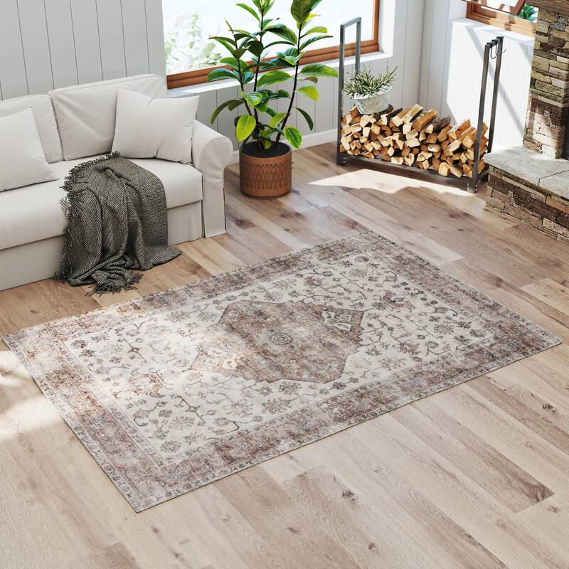 HOMCOM 4x6 Area Rug, Vintage Machine Washable Rug, Non-Slip Floor Carpet for Living Room, Bedroom, Dining Room, Home Office