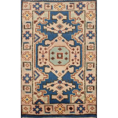Hand Knotted Oriental 100% Wool Carpet Transitional Geometric Navy Blue & Blues Oushak Area Rug - 3' 0'' X 2' 0''
