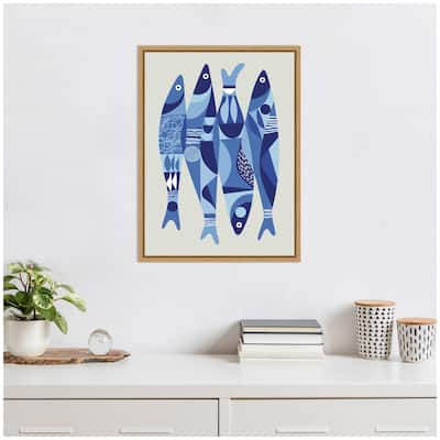 Kate and Laurel Sylvie Modern Coastal Sardines in Blue Framed Canvas by Rachel Lee