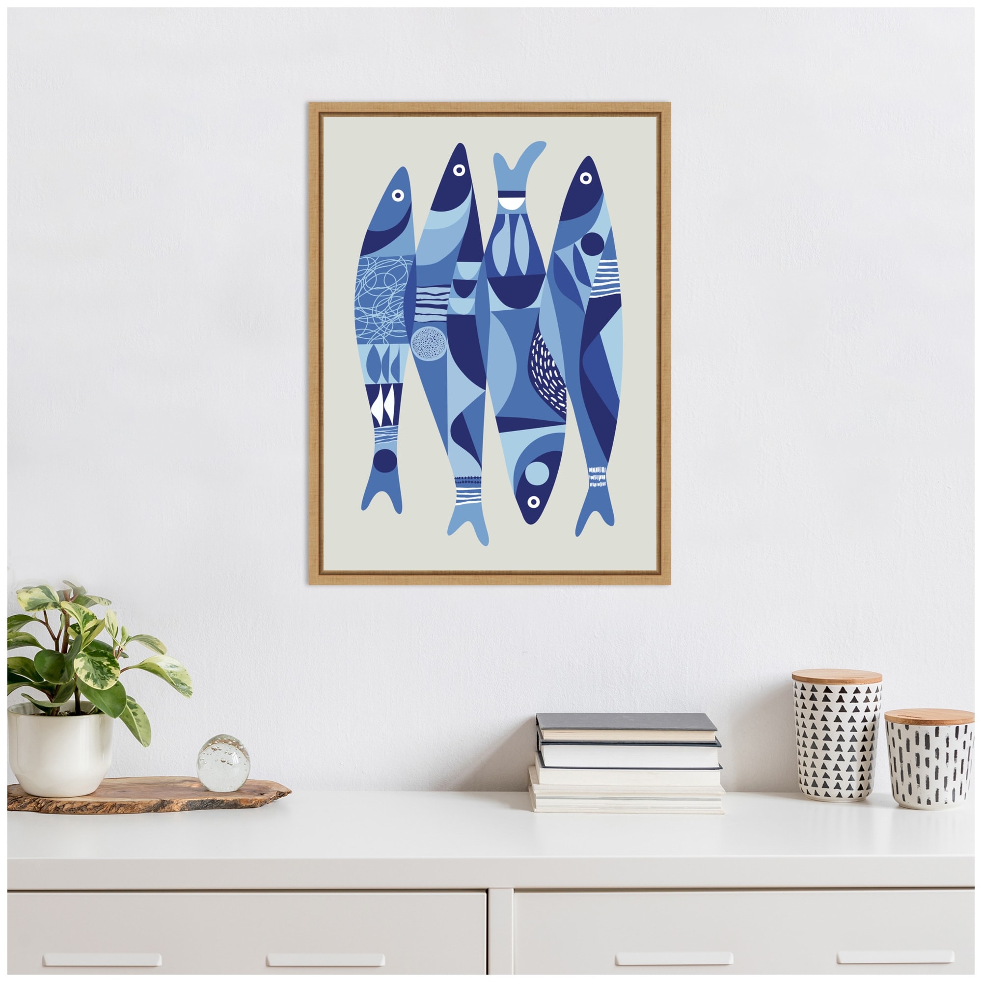 Kate and Laurel Sylvie Modern Coastal Sardines in Blue Framed Canvas by Rachel Lee