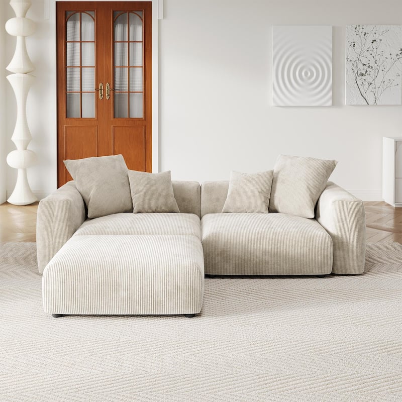 Comfy Corduroy Upholstered Deep Seat Sofa & Couch With Wood Legs and 4 Pillows