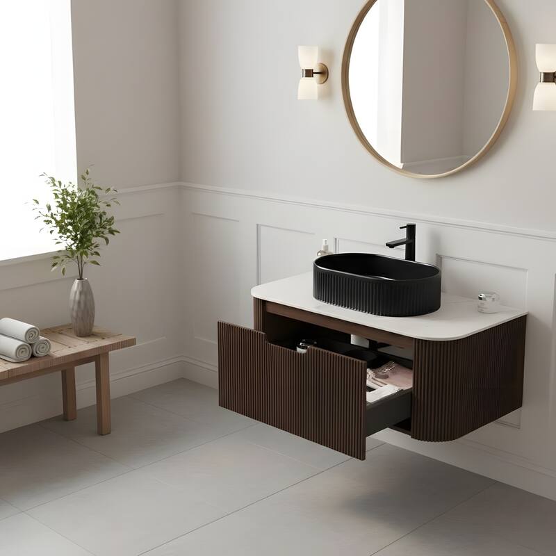 Wall Mounted Bathroom Vanity with Black Oval Ceramic Basin