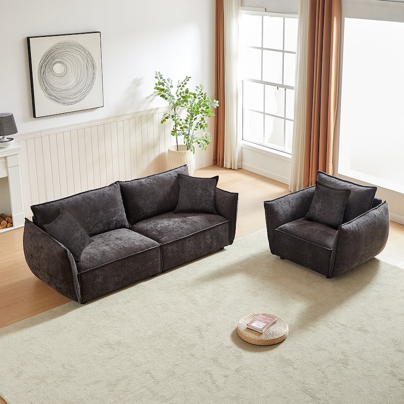 88" Modern Chenille Sofa with Extra 2 Pillows for Living Room - Loveseat + Single - Black