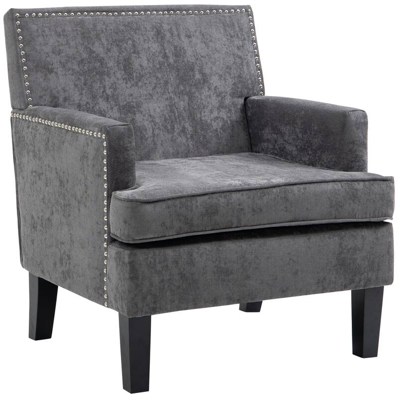 HOMCOM Modern Accent Chair, Upholstered Living Room Chair with Solid Wood Legs and Nailhead Trim, Dark Gray