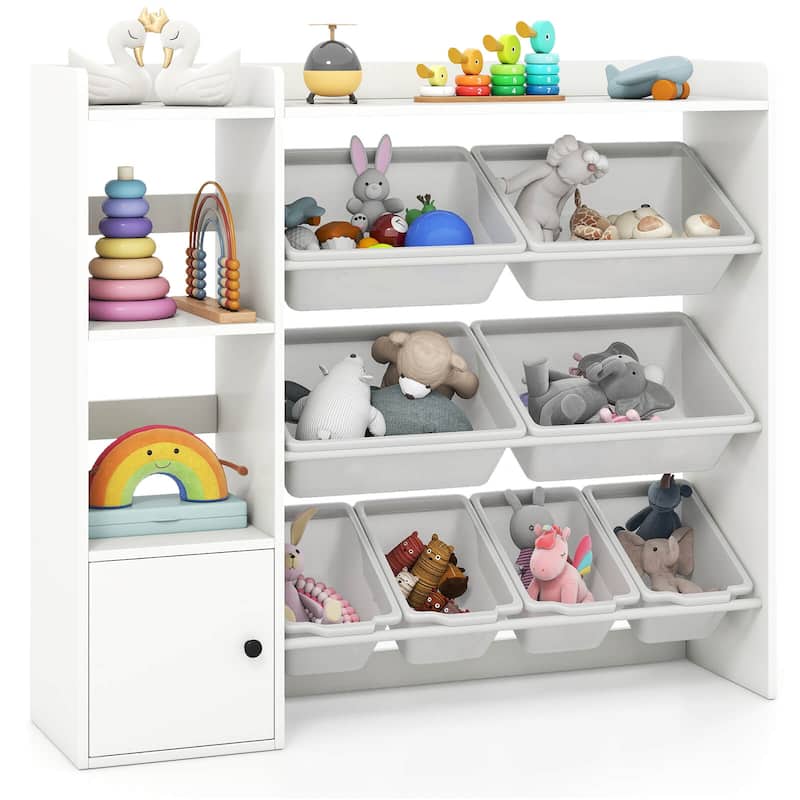 Costway Kids Toy Storage and Bookshelf, Wooden Bookcase with 4 Small - See Details - White
