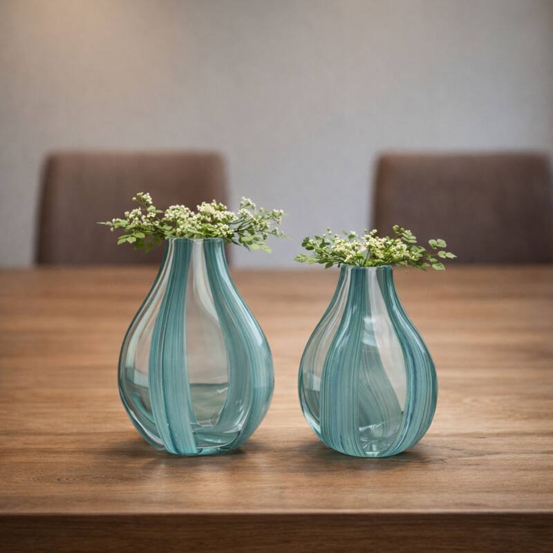 Green Striped Tear Drop Glass Set of Two Elegant Art Deco Vases