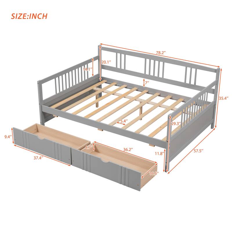 Full Size Daybed Frame with Storage Drawers, Wood Full Bed with 2 Drawers, Full Sofa Bed for Living Room, Bedroom