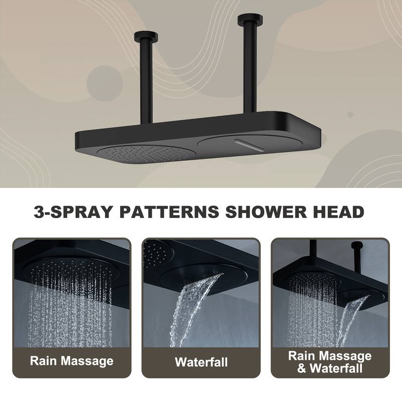 7-Spray Shower System 22.5 in. x 11.2 in. Dual Shower Head Ceiling Mount Fixed and Handheld Shower 2.5GPM in Matte Black