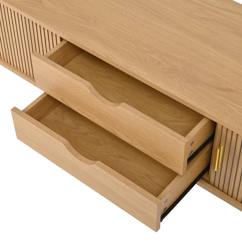 Wooden Oval Fluted TV Stand with Charging Station for TV up to 80", Mid-Century Media Console with Sliding Tambour Door