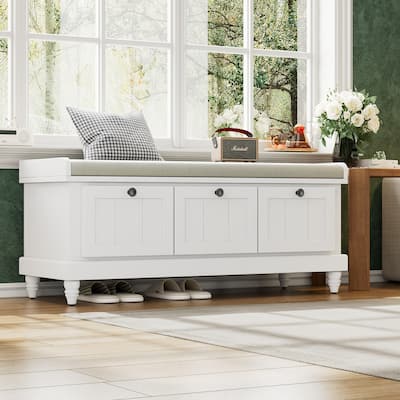 Classic Shoe Bench With Cushion And Three Drawers,Fluted Entryway Bench With Storage For Living Room, Entryway,And Hallways