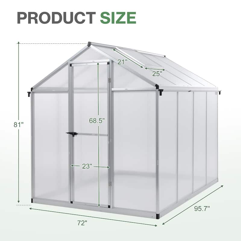 Aoodor Polycarbonate Walk-in Greenhouse with Aluminum Frame and Roof Vent
