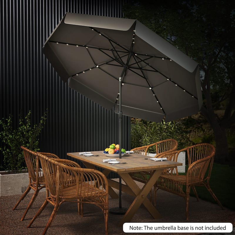 10FT Polyester Patio Umbrella with Solar Lights and Tilt Crank 3-Tier Vented Shade for Backyard