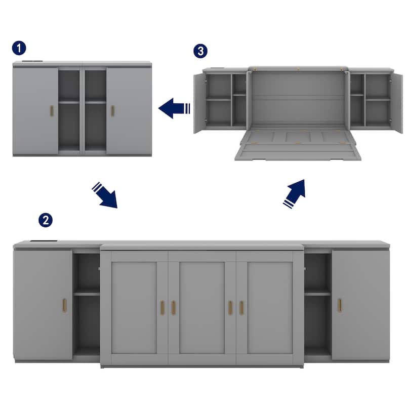 Modern Style Murphy Bed with Shelves, Cabinets and USB Ports for Bedroom