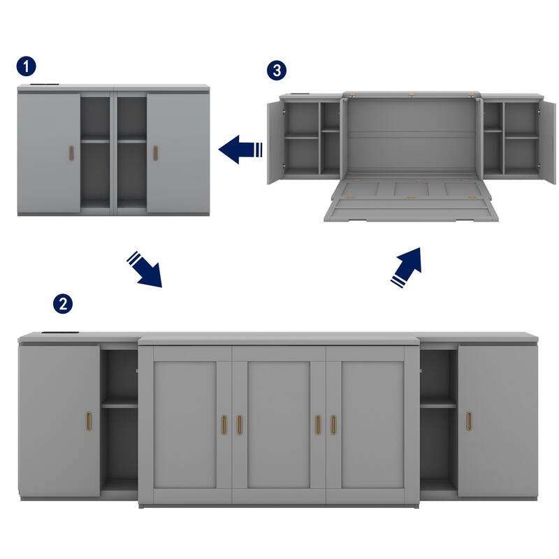 Murphy Bed with Built-in Charging Station, Shelves & Storage Cabinets, Platform Bed Frame Space-Saving Folding Wall Cabinets Bed - Gray - Full