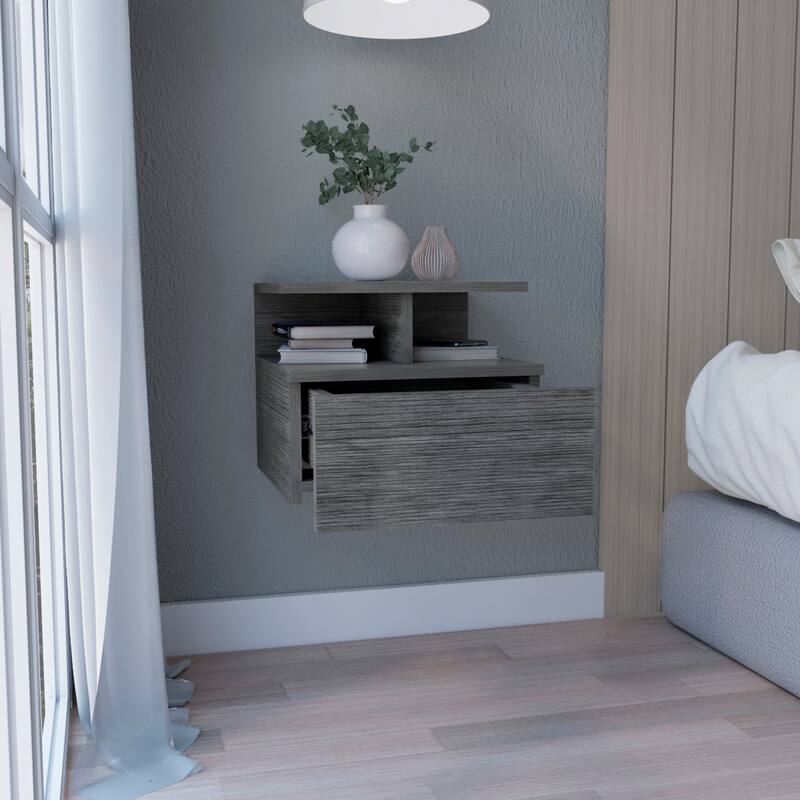 Wall-Mounted Floating Nightstand with Single Drawer and 2-Tier Shelf in Smokey Oak