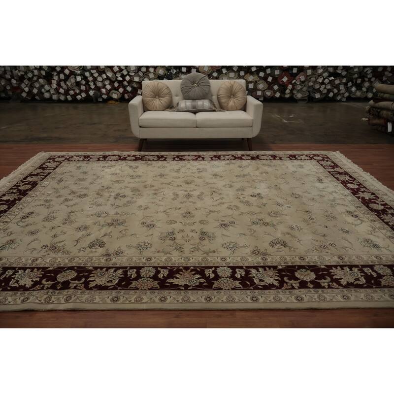 Hand Knotted Oriental 100% Wool Carpet Traditional Floral Beige & Ivories Tabriz Area Rug - 12' 2'' X 9' 2''
