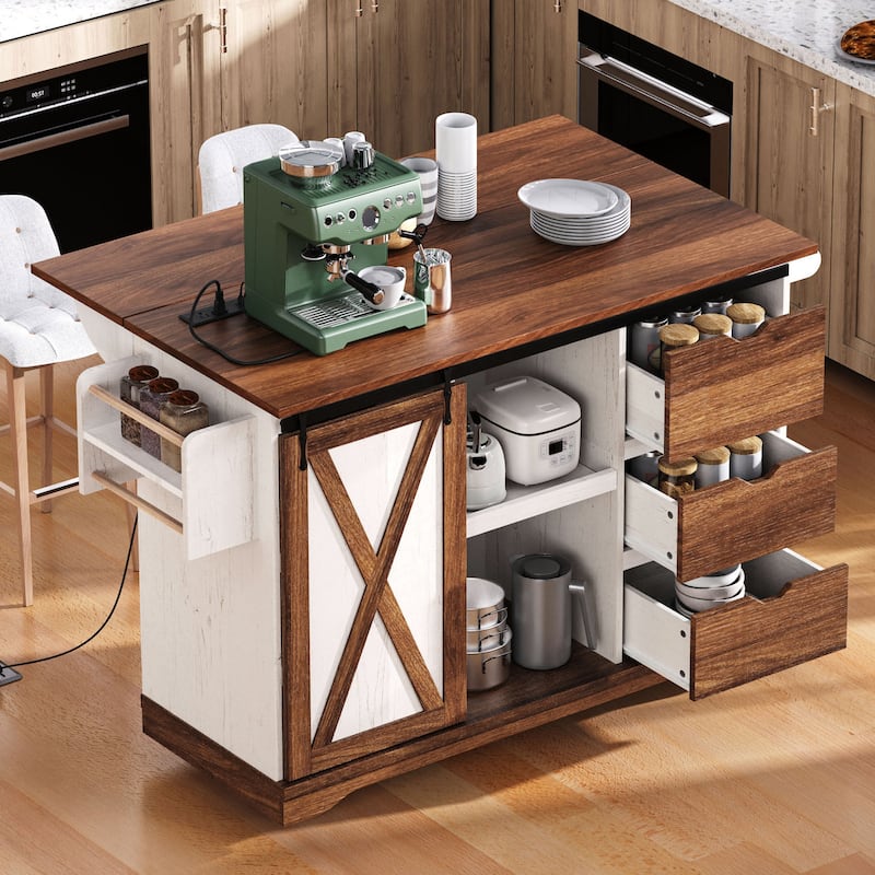 55.5" Farmhouse Kitchen Island with Drop Leaf, Power Outlet, Rolling Wheels and Spice Rack - 55.5'' x 28.75'' x 36.9''