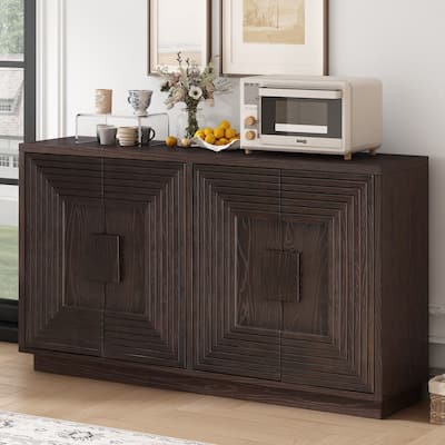 Vintage 60" Distressed Sideboard with Adjustable Shelves and Geometric Pattern