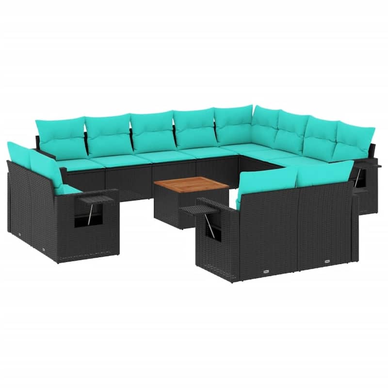 vidaXL 13 Piece Patio Sofa Set with Cushions Black Poly Rattan - 24.4 x 24.4 x 27.2