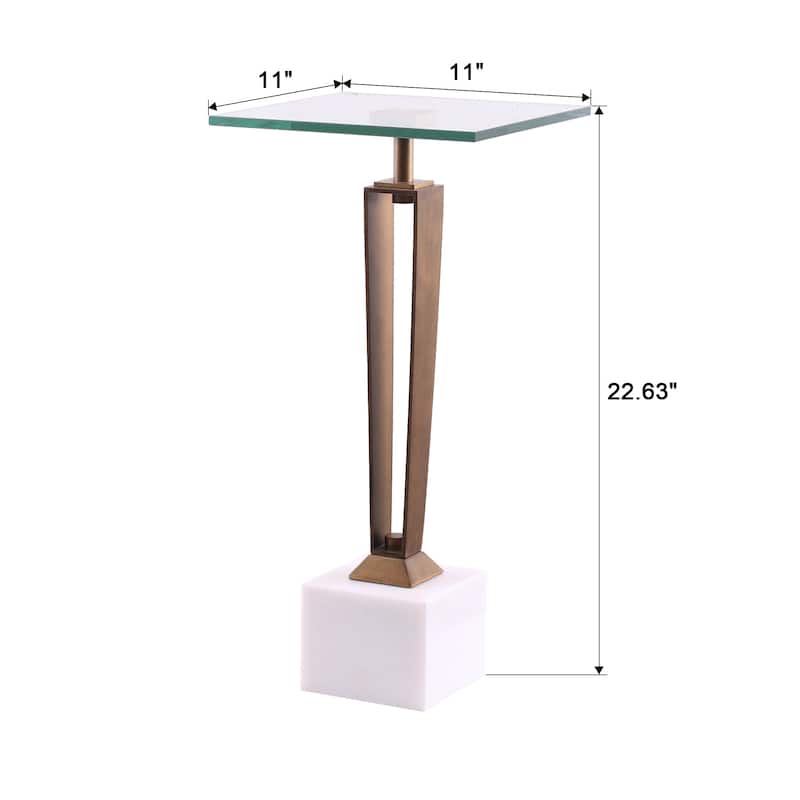 11" Brushed Brass Square Glass Marble Pedestal End Table