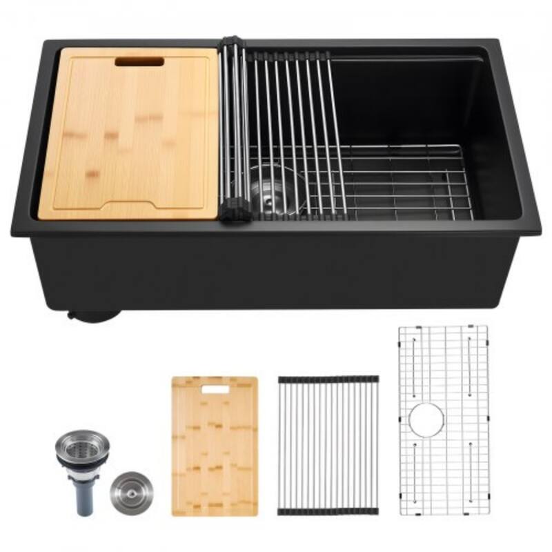 Black Granite Undermount Kitchen Sink with Single Bowl and Cutting Board and Roll-Up Rack - 30 Inch