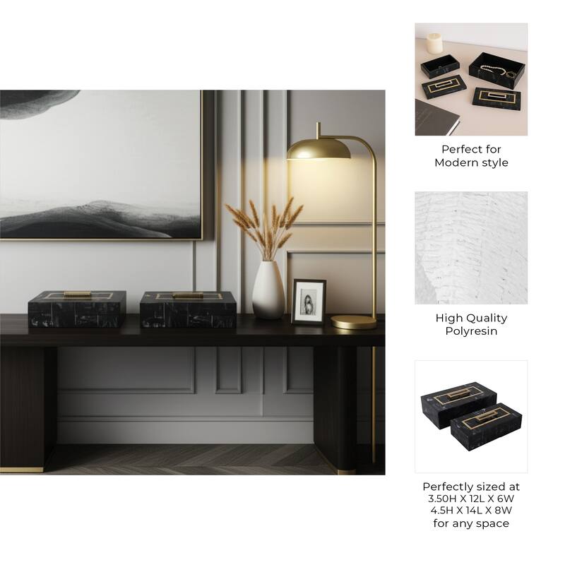 Resin Wood Decorative Storage Boxes (Set of 2) - 5" & 4" Black, Gold - 14" x 8" x 4.5"