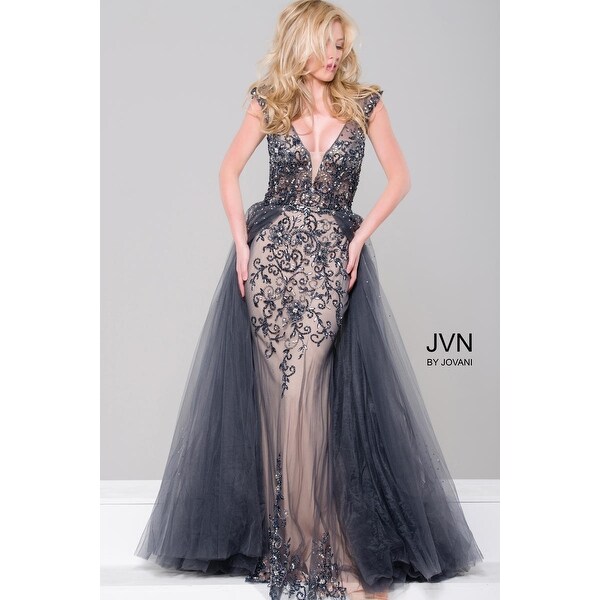 Beaded Tulle Cap Sleeve Gown