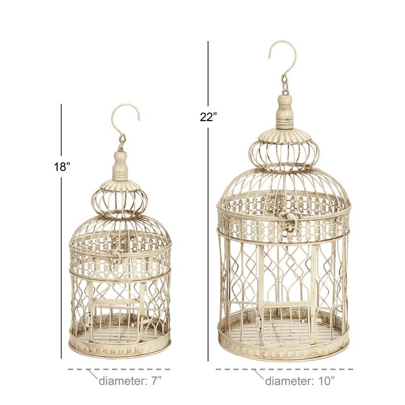 Cream Metal Hinged Top Birdcage with Latch Lock Closure and Hanging Hook (Set of 2)