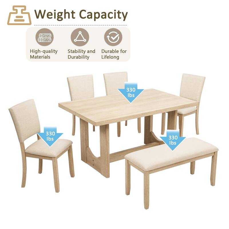 6-Piece Dining Set, Wooden Rectangular Table with Bench and 4 Chairs