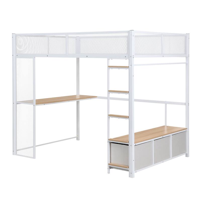 Full Size Metal Gaming Loft Bed with LED, Desk, Open Wardrobe and 3 Linen Storage Drawers, White