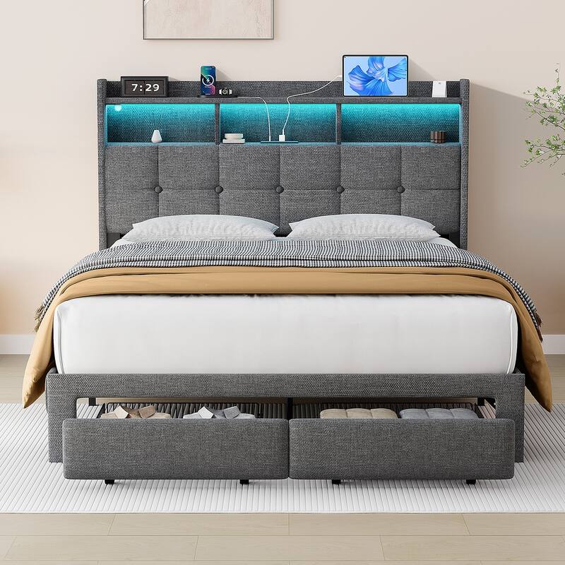 King Size Upholstered Platform Bed with LED Lights, Charging Station & Storage Headboard, No Box Spring Needed