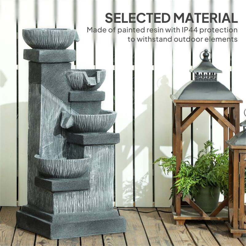 Four-Tier LED Water Fountain Gray Resin Outdoor Patio Garden Backyard with Pump and Cascading Bowls - Grey