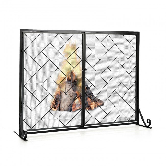 3-Panel Folding Wrought Iron Fireplace Screen with Doors and Pieces Tools  Set 44.5