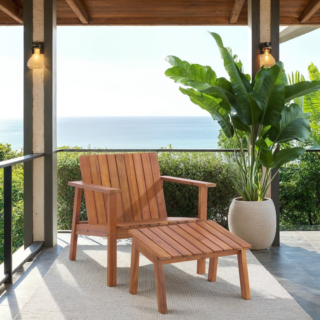 SAFAVIEH Outdoor Patio Furniture Fallon Solid Wood Chair and Ottoman Set - 29"W x 31"D x 29"H