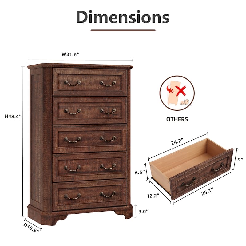 Vintage 5 Drawers Dresser, Bedroom Storage Cabinet, Dressers Organizer