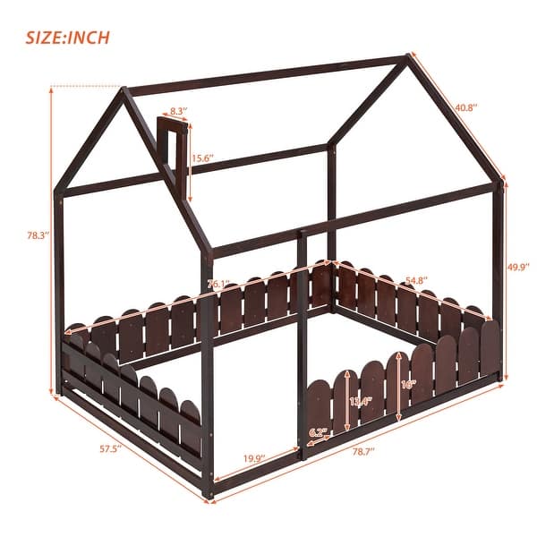 dimension image slide 5 of 7, Kids Wood Bed, House Bed Frame with Fence-Shaped Guardrails for Teens Girls Boys, Slats are not Included
