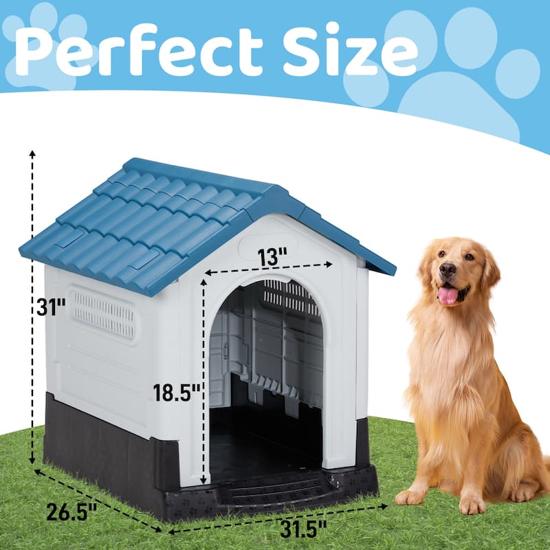 Plastic Dog House with Air Vents, Elevated Floor, Insulated Outdoor Indoor Kennel for Small Dogs