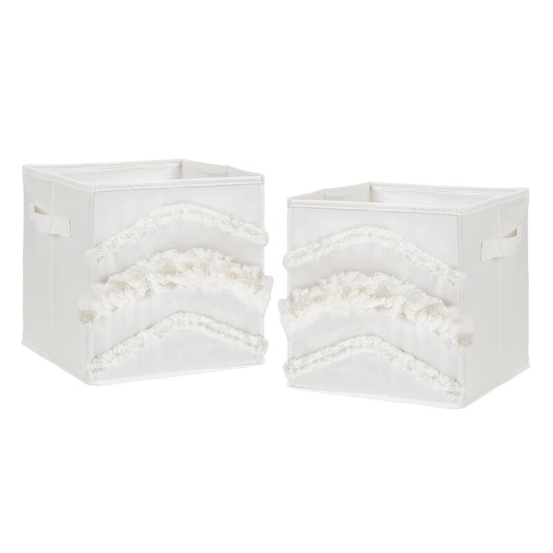 Ivory Boho Bohemian Collection Foldable Fabric Storage Bins - Gender Neutral Off White Farmhouse Chic Minimalist Fringe